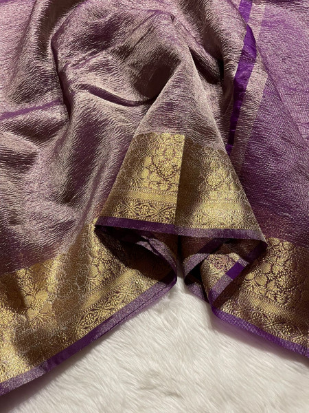 Banarasi Pure Tissue Silk Saree With Hand Crush Pattern and Tassels
