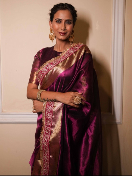 Premium Banarasi Tissue Silk Saree with Designer Red Zari Border