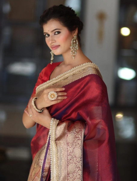 Premium Banarasi Tissue Silk Saree with Designer Red Zari Border