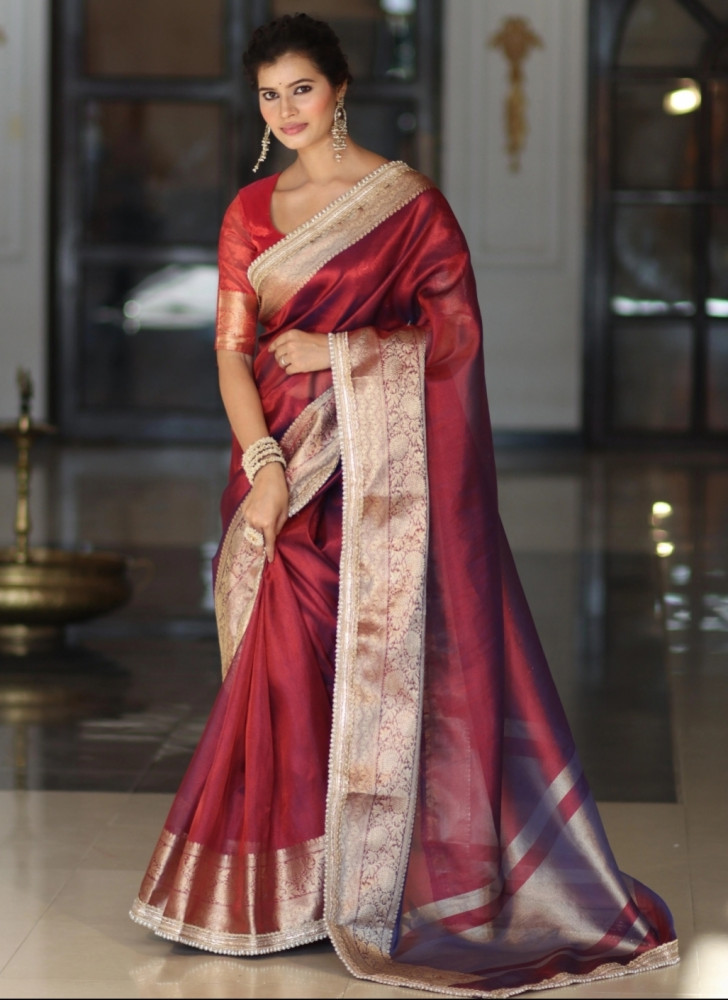 Image of Premium Banarasi Tissue Silk Saree with Designer Red Zari Border