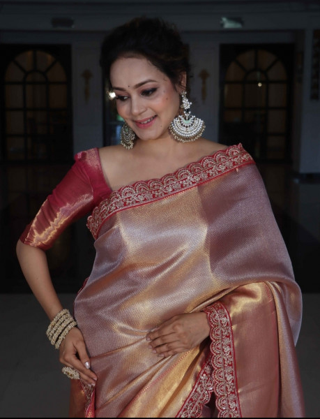 Premium Banarasi Tissue Silk Saree with Designer Red Zari Border