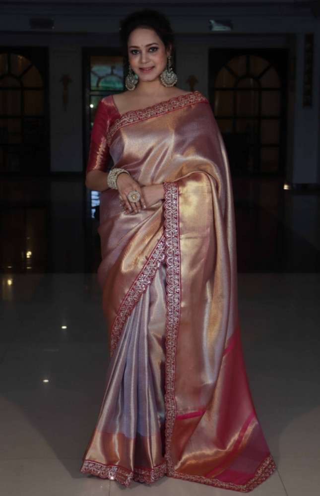 Image of Premium Banarasi Tissue Silk Saree with Designer Red Zari Border