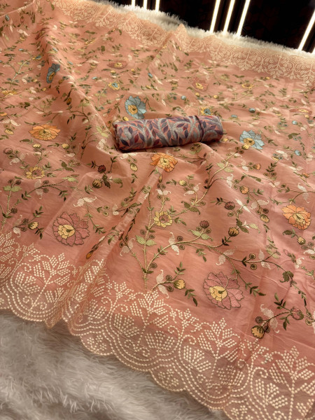 Semi Pure Silk Resham Embroidery Work Saree With Designer Embroidery Pallu