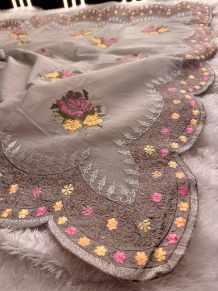 Semi Pure Silk Resham Embroidery Work Saree With Designer Embroidery Pallu