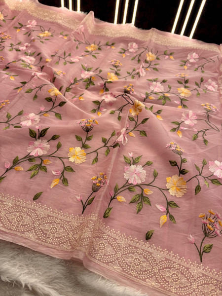 Semi Pure Silk Resham Embroidery Work Saree With Designer Embroidery Pallu