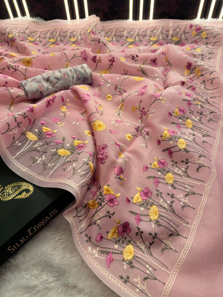 Semi Pure Silk Resham Embroidery Work Saree With Designer Embroidery Pallu