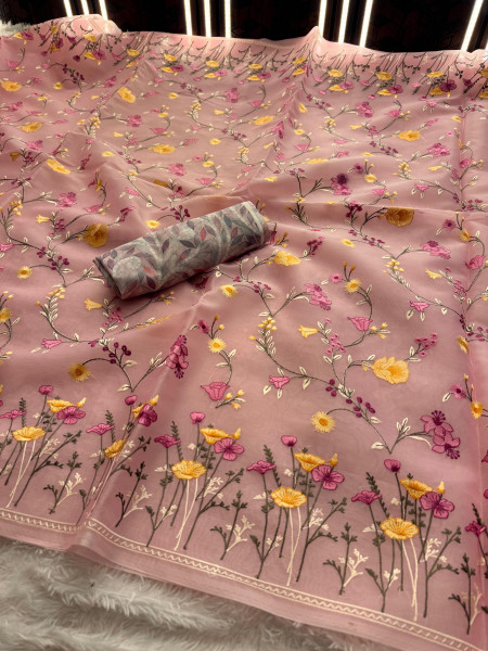 Semi Pure Silk Resham Embroidery Work Saree With Designer Embroidery Pallu