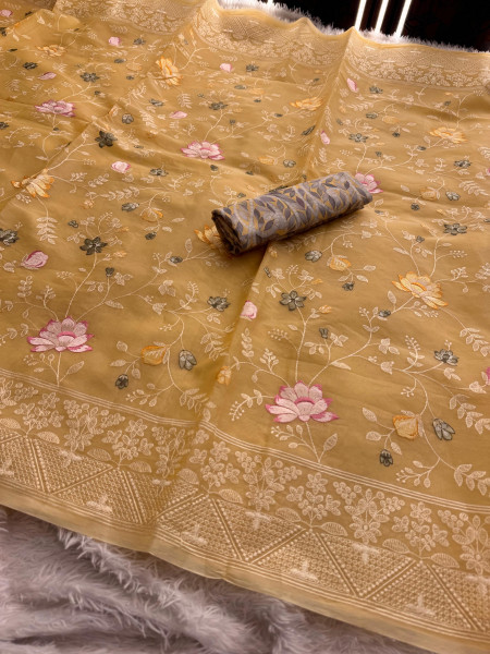 Semi Pure Silk Resham Embroidery Work Saree With Designer Embroidery Pallu