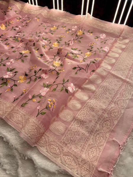 Semi Pure Silk Resham Embroidery Work Saree With Designer Embroidery Pallu