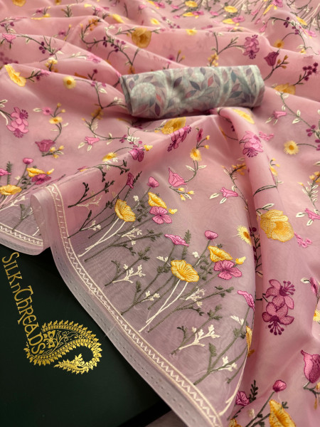 Semi Pure Silk Resham Embroidery Work Saree With Designer Embroidery Pallu