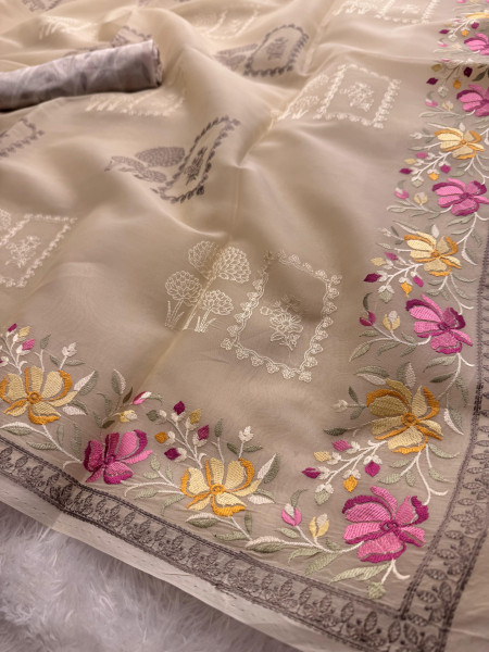 Semi Pure Silk Resham Embroidery Work Saree With Designer Embroidery Pallu