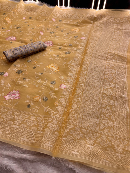 Semi Pure Silk Resham Embroidery Work Saree With Designer Embroidery Pallu