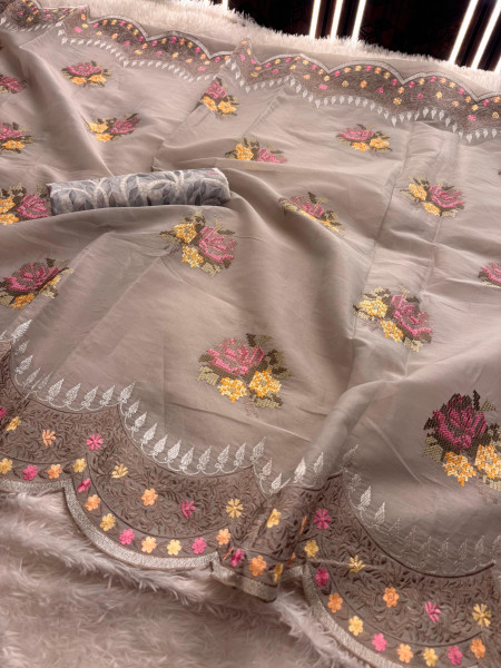 Semi Pure Silk Resham Embroidery Work Saree With Designer Embroidery Pallu