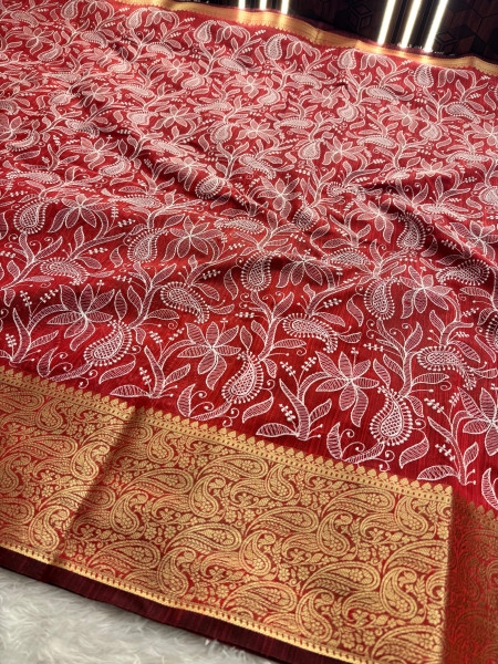 Never Seen Before Premium Linen Silk Chikankari Saree