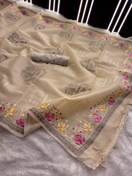 Semi Pure Silk Resham Embroidery Work Saree With Designer Embroidery Pallu