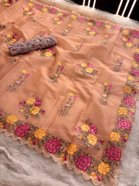 Semi Pure Silk Resham Embroidery Work Saree With Designer Embroidery Pallu