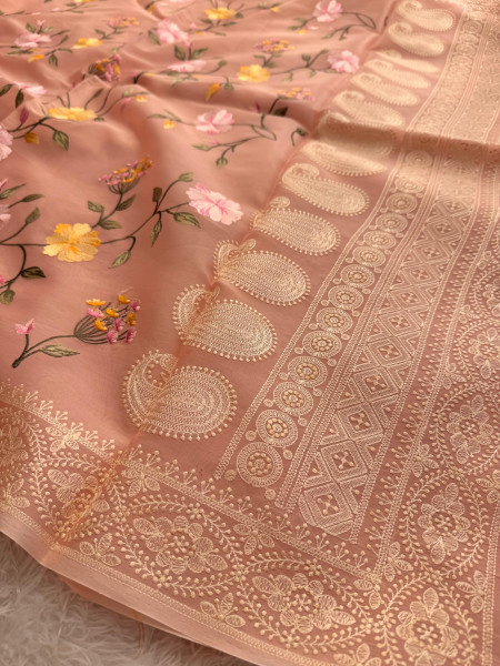 Semi Pure Silk Resham Embroidery Work Saree With Designer Embroidery Pallu