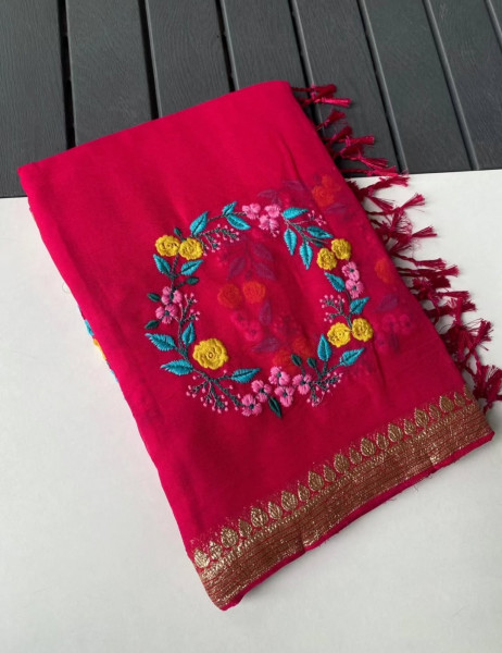 Premium Chiffon Silk Resham Embroidery Work Saree With Latkans