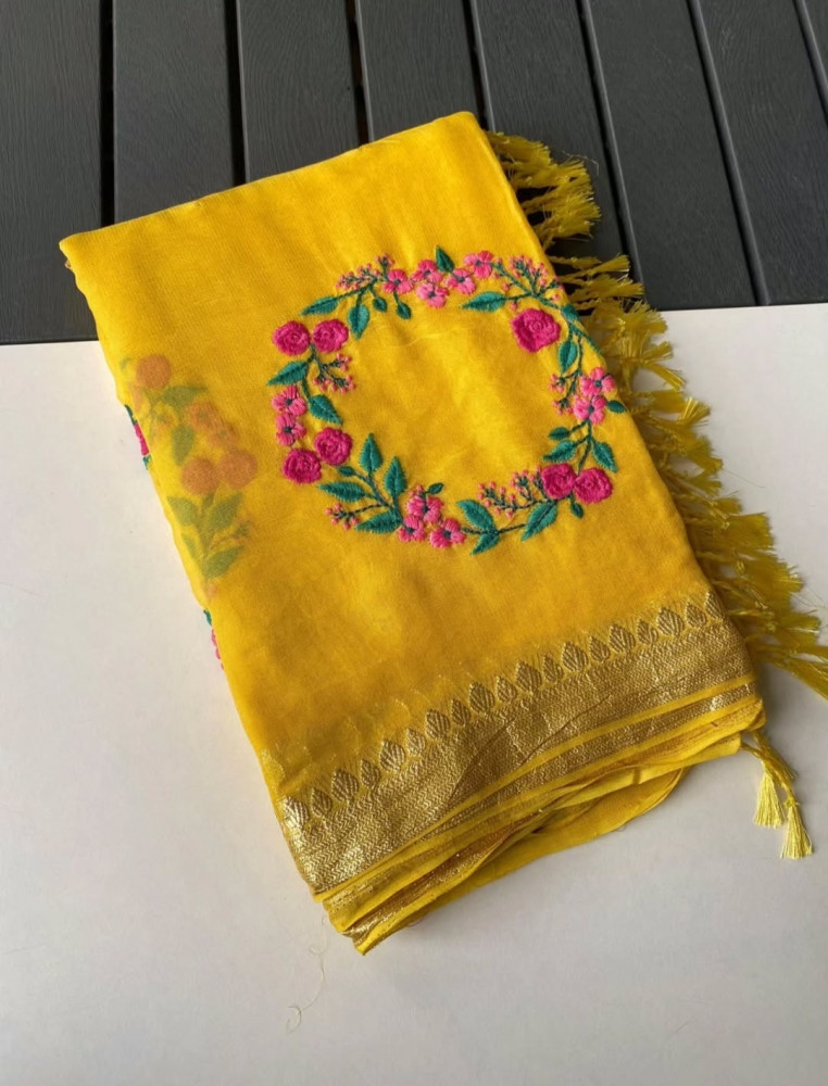 Image of Premium Chiffon Silk Resham Embroidery Work Saree With Latkans