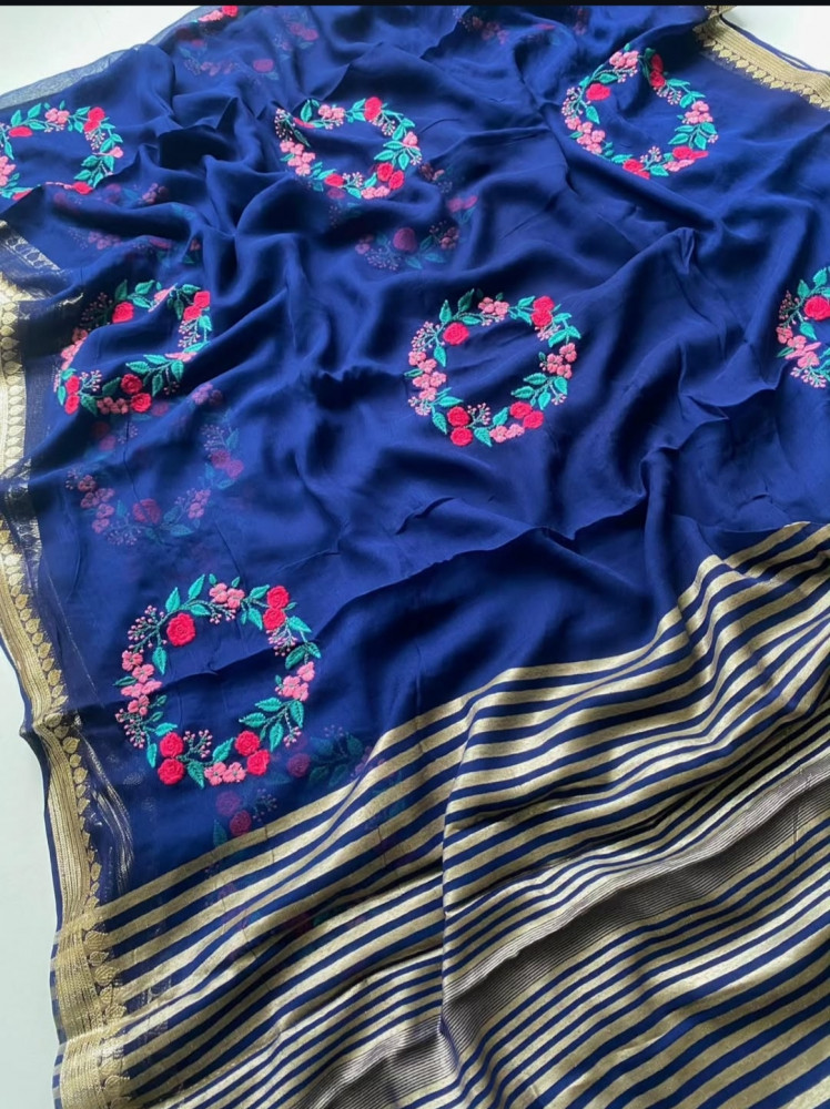 Image of Premium Chiffon Silk Resham Embroidery Work Saree With Latkans