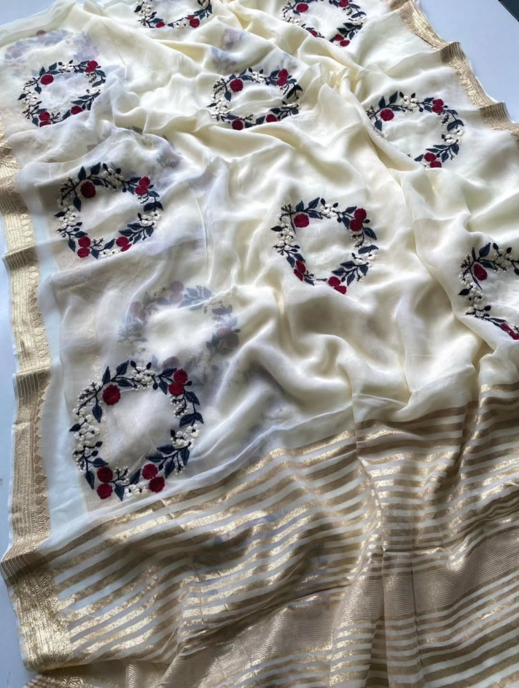 Image of Premium Chiffon Silk Resham Embroidery Work Saree With Latkans