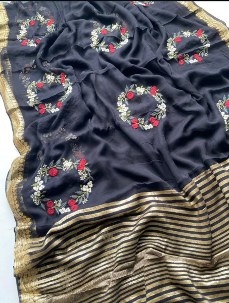 Premium Chiffon Silk Resham Embroidery Work Saree With Latkans