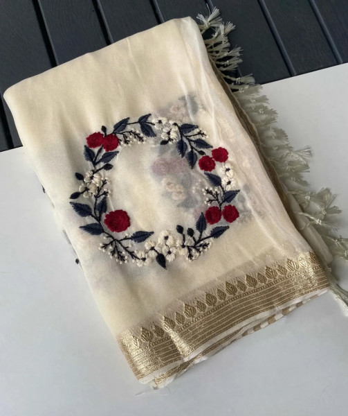 Premium Chiffon Silk Resham Embroidery Work Saree With Latkans