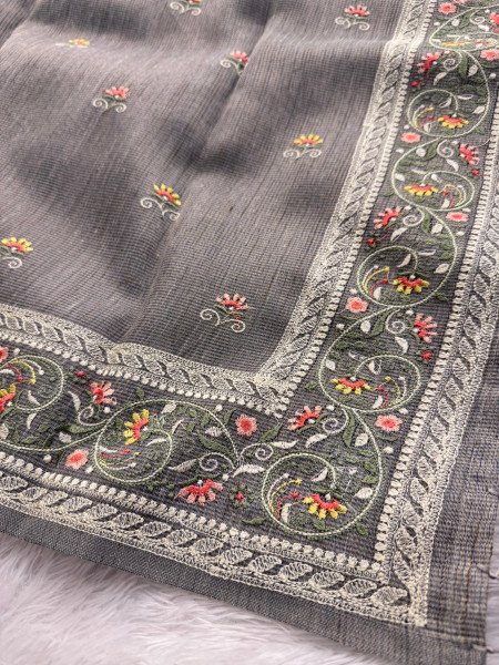 Premium Tissue Silk Resham Embroidery Work Saree With Designer Embroidery Pallu