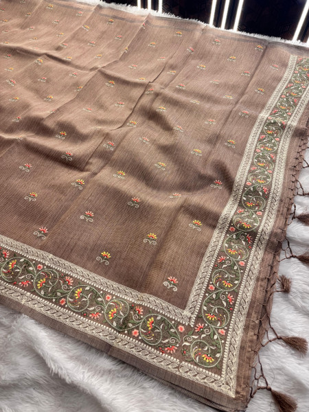 Premium Tissue Silk Resham Embroidery Work Saree With Designer Embroidery Pallu