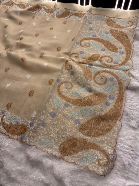 Premium Tissue Silk Resham Embroidery Work Saree With Designer Embroidery Pallu