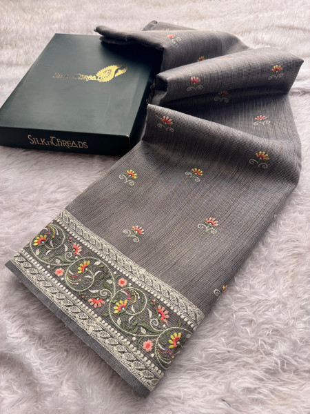 Premium Tissue Silk Resham Embroidery Work Saree With Designer Embroidery Pallu