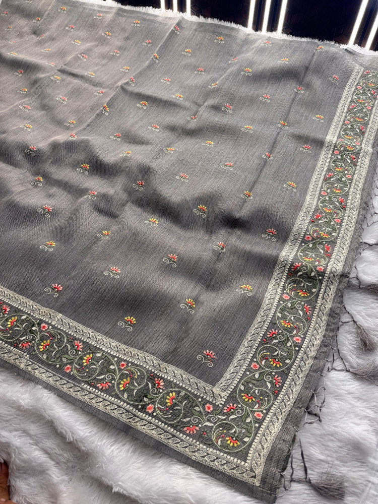 Image of Premium Tissue Silk Resham Embroidery Work Saree With Designer Embroidery Pallu