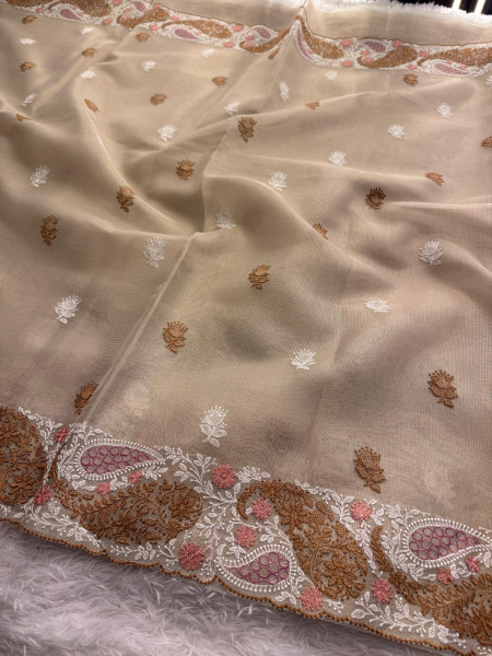 Premium Tissue Silk Resham Embroidery Work Saree With Designer Embroidery Pallu