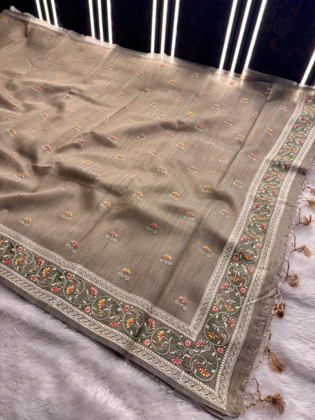 Premium Tissue Silk Resham Embroidery Work Saree With Designer Embroidery Pallu