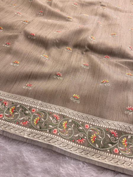 Premium Tissue Silk Resham Embroidery Work Saree With Designer Embroidery Pallu