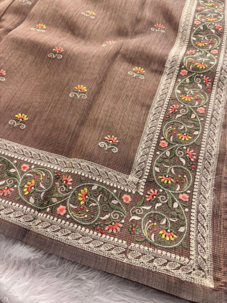 Premium Tissue Silk Resham Embroidery Work Saree With Designer Embroidery Pallu