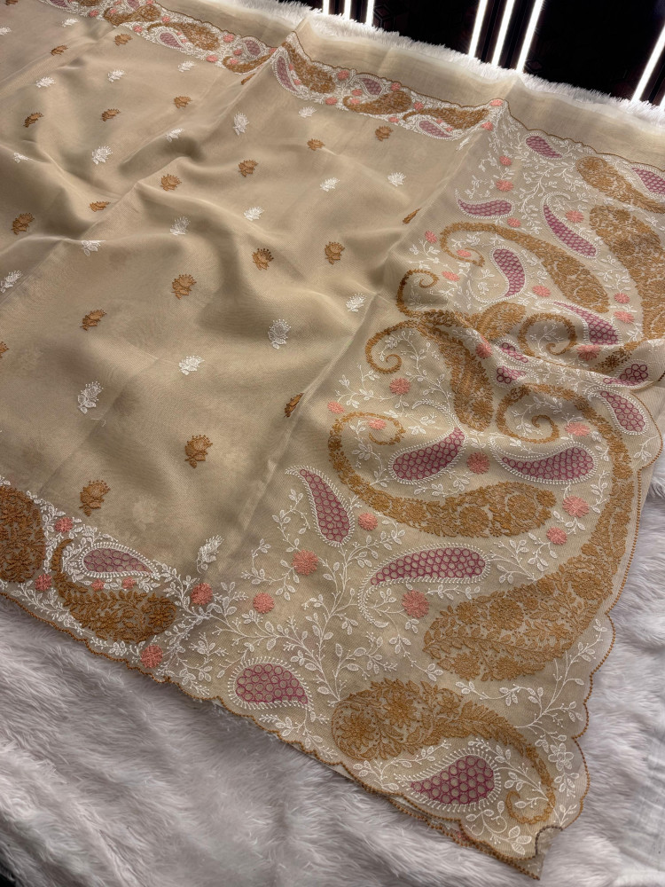 Image of Premium Tissue Silk Resham Embroidery Work Saree With Designer Embroidery Pallu