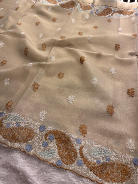 Premium Tissue Silk Resham Embroidery Work Saree With Designer Embroidery Pallu