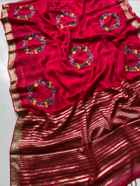 Premium Chiffon Silk Resham Embroidery Work Saree With Latkans