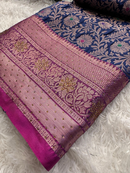 Banarasi Silk Zari Jaal Meenakari Weaving Saree With Swarovski Crystal Work