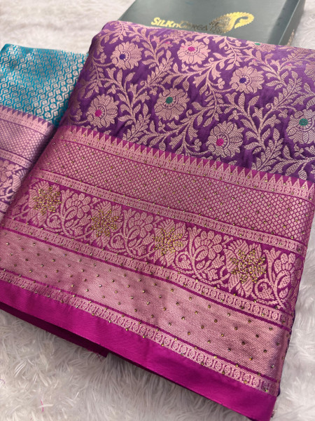 Banarasi Silk Zari Jaal Meenakari Weaving Saree With Swarovski Crystal Work