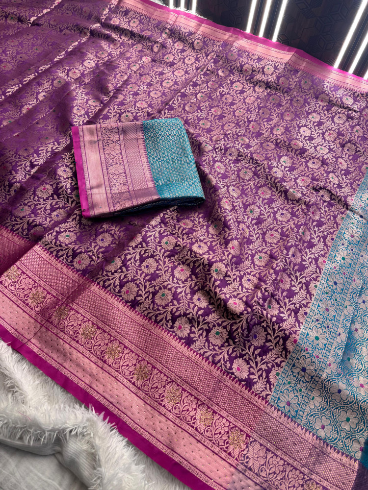 Image of Banarasi Silk Zari Jaal Meenakari Weaving Saree With Swarovski Crystal Work