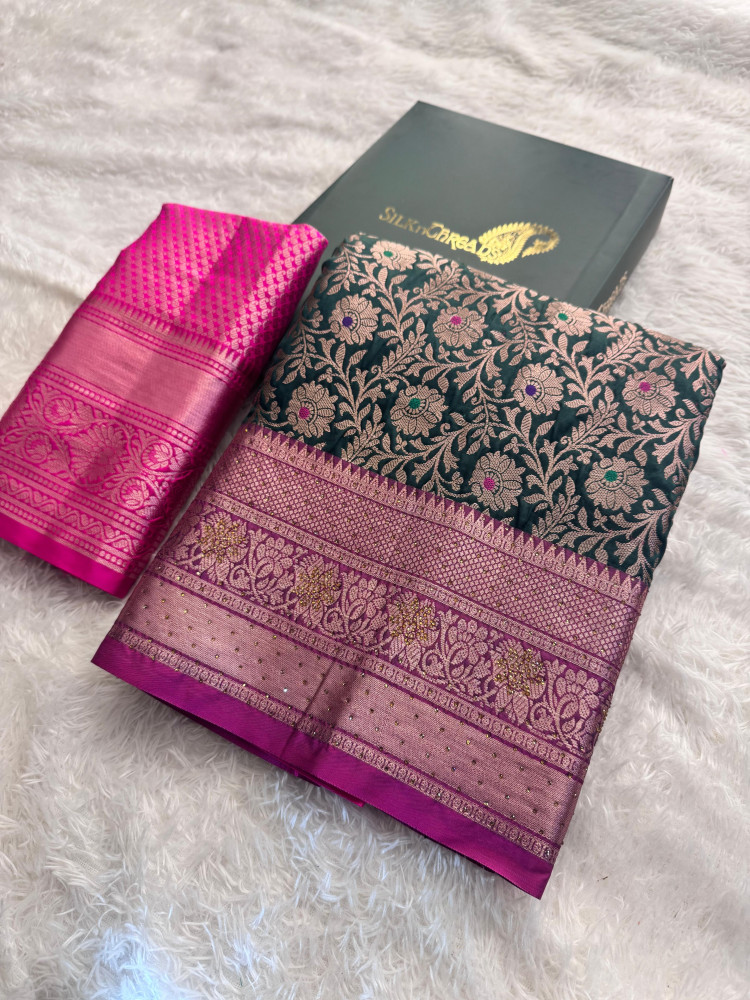 Image of Banarasi Silk Zari Jaal Meenakari Weaving Saree With Swarovski Crystal Work