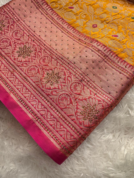 Banarasi Silk Zari Jaal Meenakari Weaving Saree With Swarovski Crystal Work