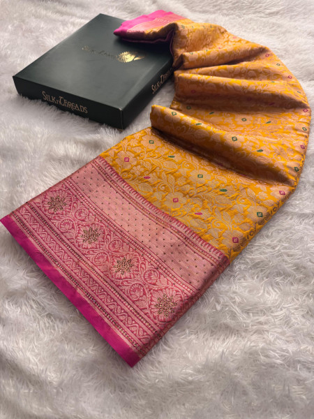 Banarasi Silk Zari Jaal Meenakari Weaving Saree With Swarovski Crystal Work