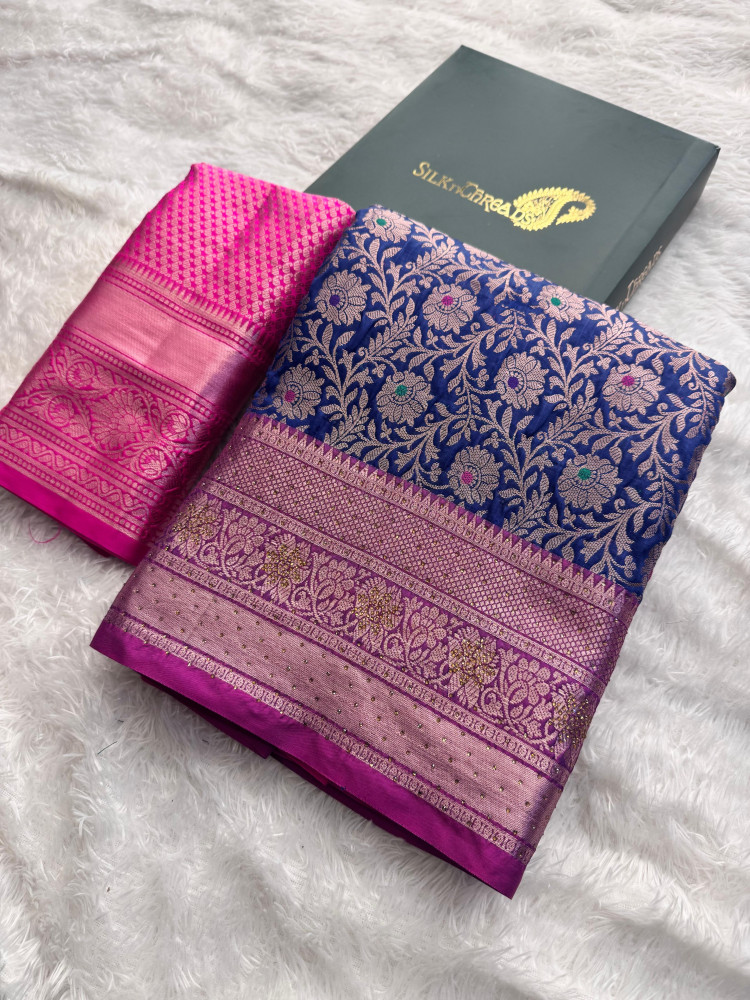 Image of Banarasi Silk Zari Jaal Meenakari Weaving Saree With Swarovski Crystal Work