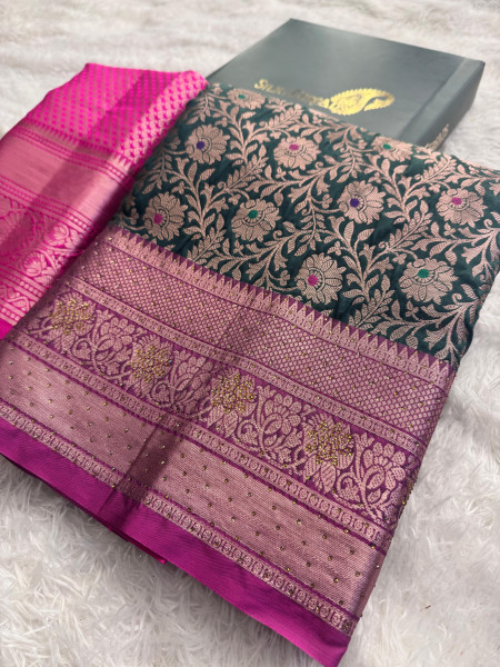 Banarasi Silk Zari Jaal Meenakari Weaving Saree With Swarovski Crystal Work