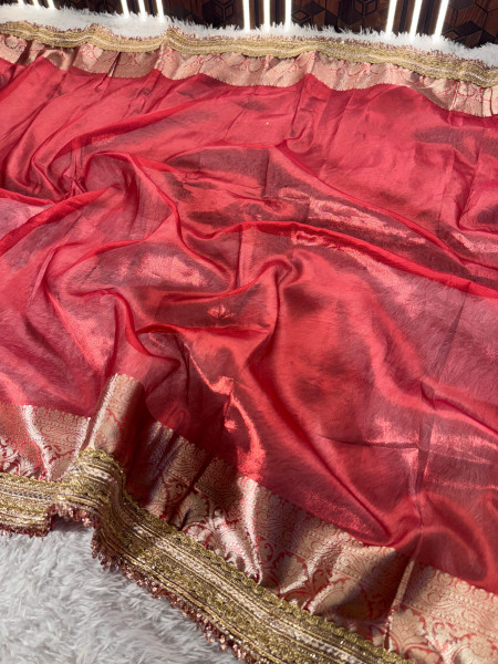 Premium Banarasi Tissue Silk Saree with Hand Work Blouse and Designer Lace