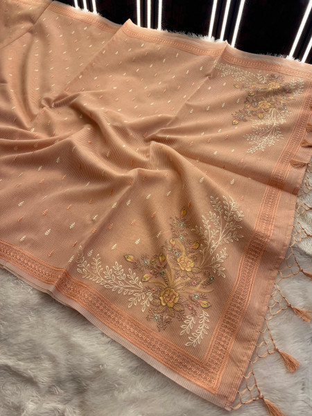 Premium Tissue Banswara Silk Resham Embroidery Work Saree With Designer Embroidery Pallu