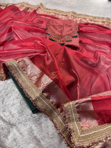 Premium Banarasi Tissue Silk Saree with Hand Work Blouse and Designer Lace